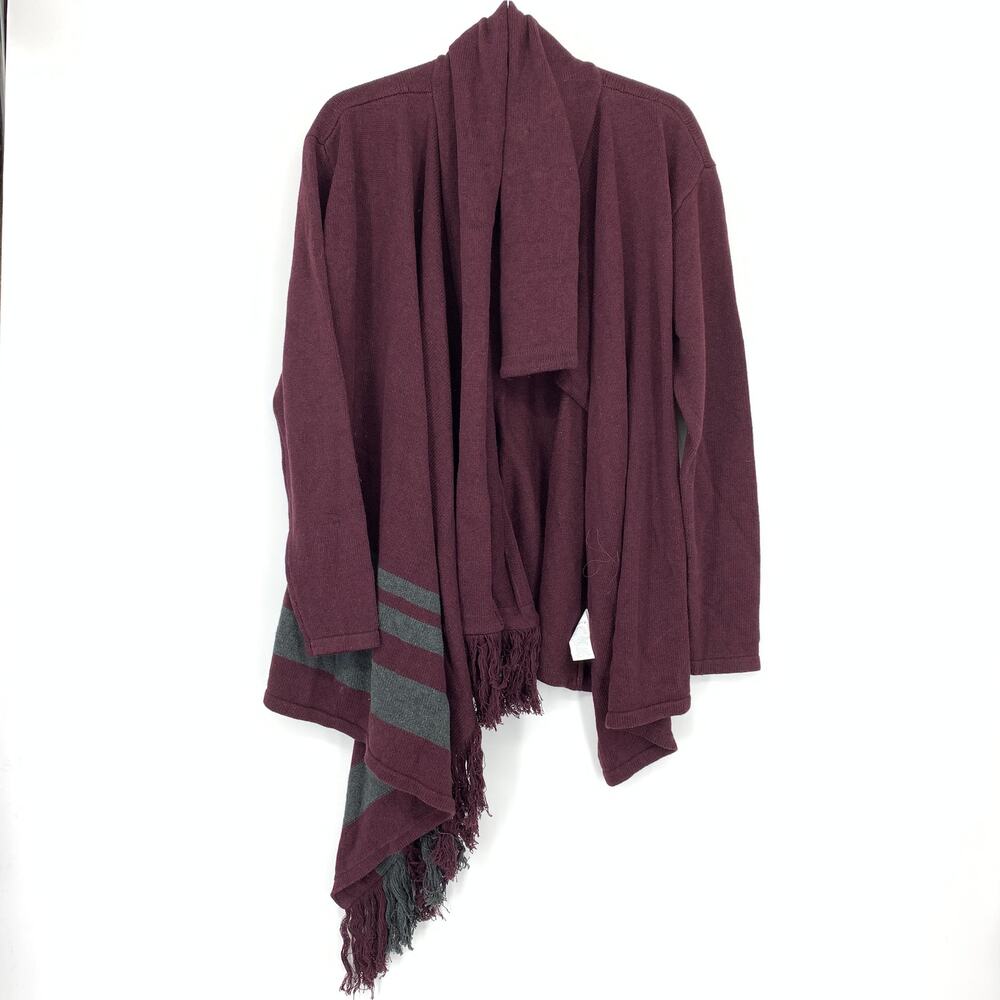 Cabi Port Fringe Wrap Cardigan Sweater Womens Size Medium Maroon Gray Stripe